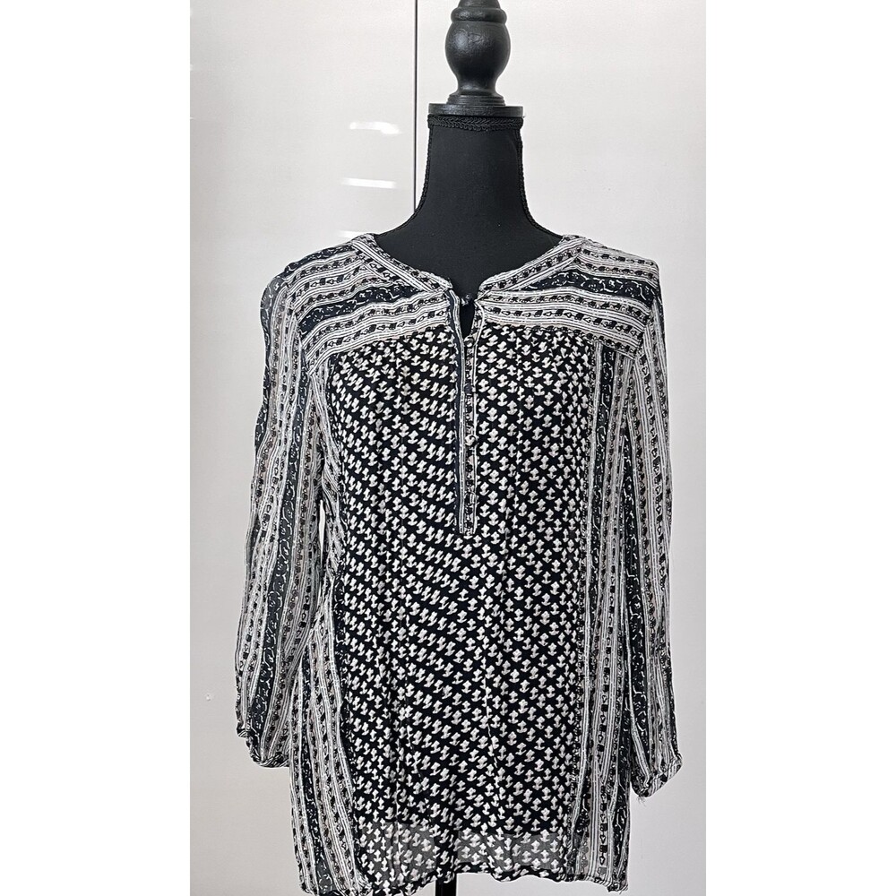 Lucky Brand Black Tan Semi Sheer Geometric Floral Print Blouse Top Size M Boho‎